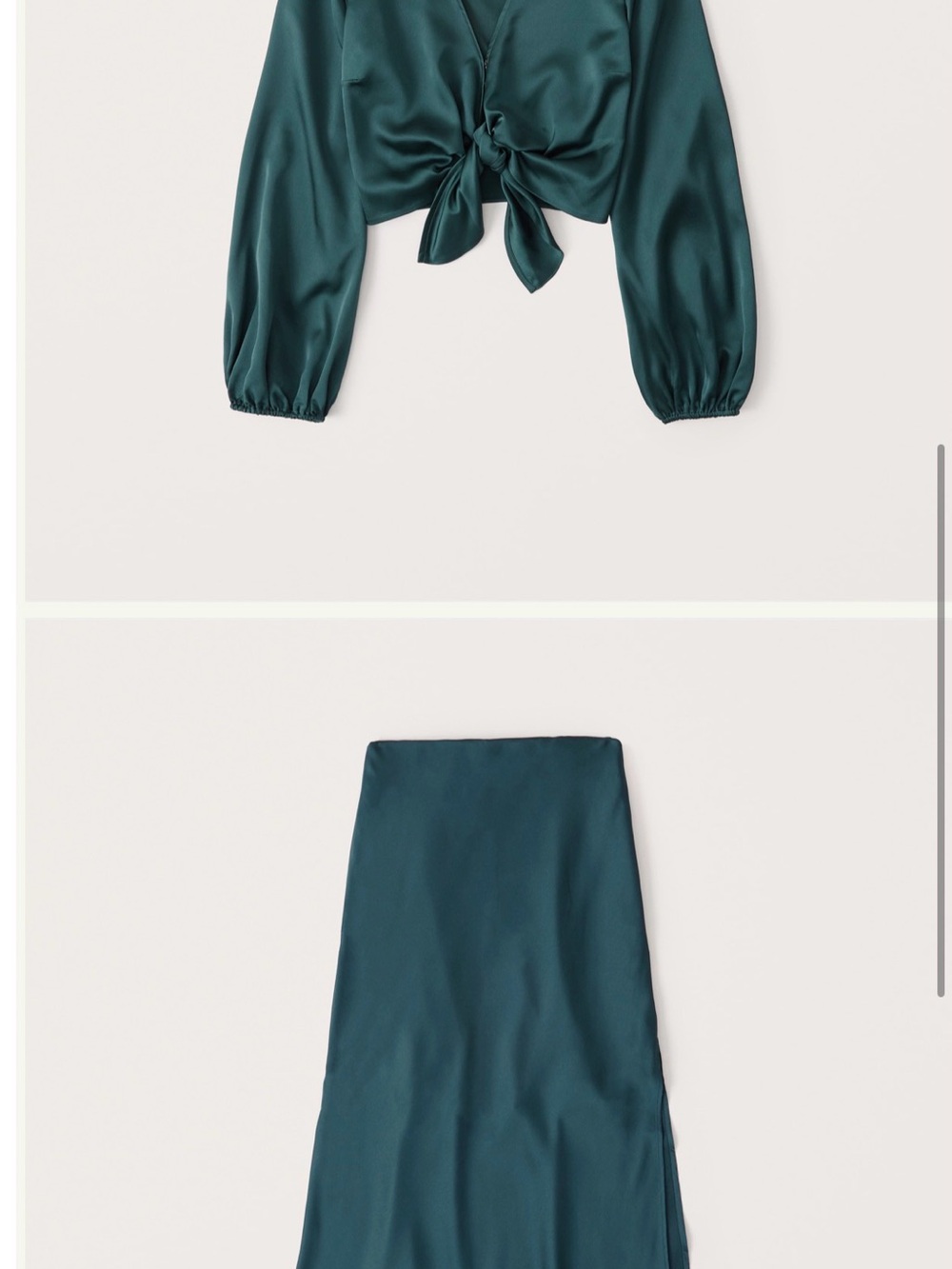 2 Piece: Long-Sleeve Tie-Front Satin Blouse + High-Slit Satin Midi Skirt TEAL